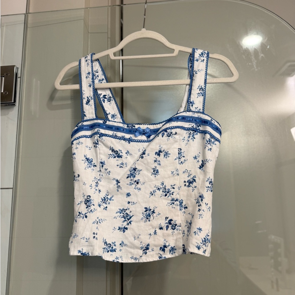 Reformation White and Blue Floral Square-Neck Tank